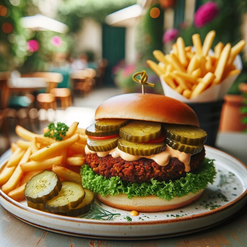 burger falafel z piklami, sałatą, sosem majonezowym i frytki | falafel burger with pickles, lettuce, mayonnaise sauce, and fries