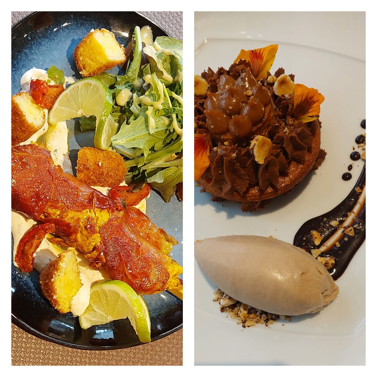 Restaurant Les Jardins du Trieux : présentation de plat et dessert