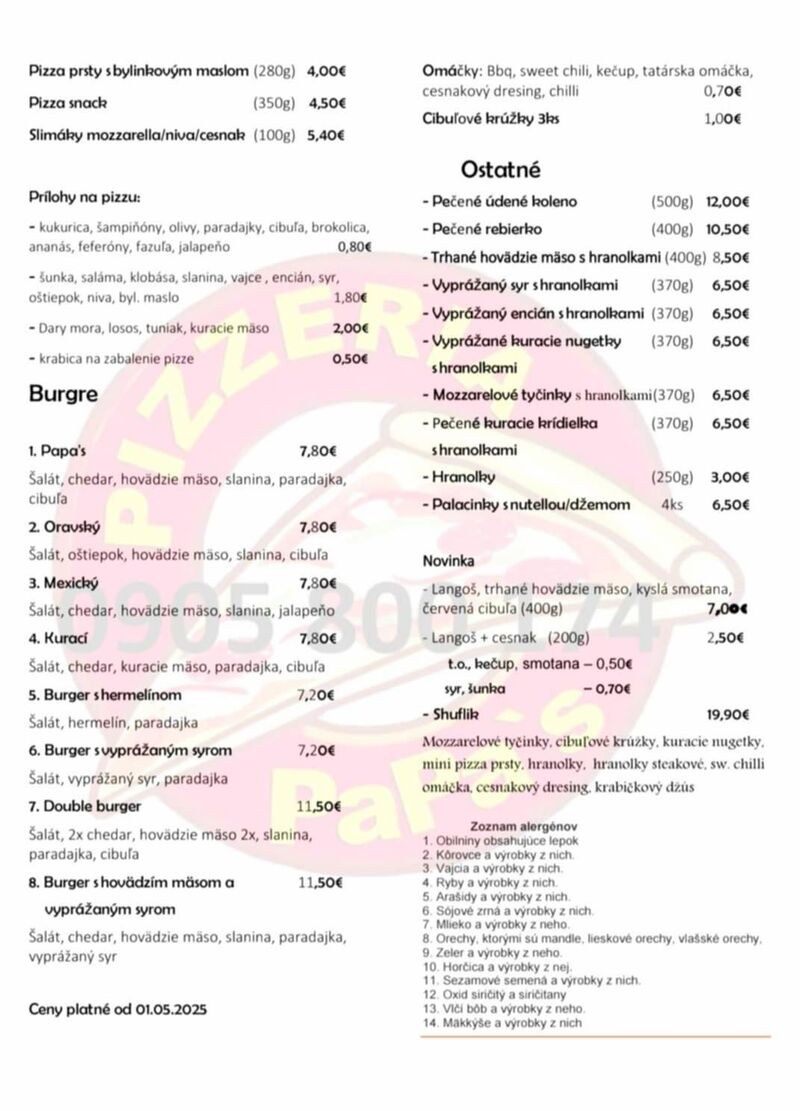 Ponukový lístok na burgre a ostatné jedlá